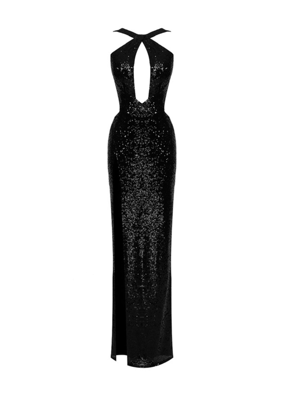 Sequin Halter-Keyhole Black Maxi Dress